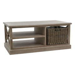 Grauer Couchtisch aus Holz mit Ablagen
