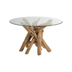 Tisch aus Glas und Naturholz
