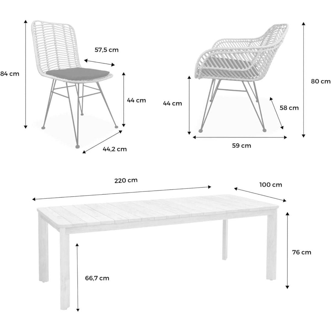 Tisch aus recyceltem Teakholz und Rattanstühle | Rame