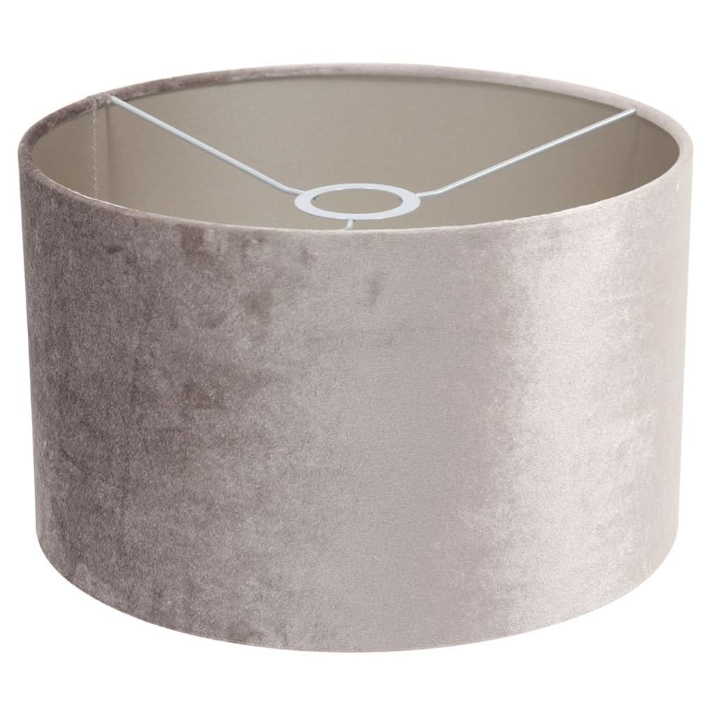 Abat-jour cylindrique en velours gris taupe vu de dessous, armature métallique blanche visible.
