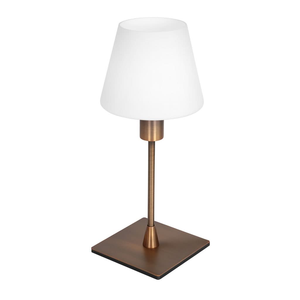 Lampe de table éteinte, abat-jour blanc conique, structure métallique bronze sur fond clair.
