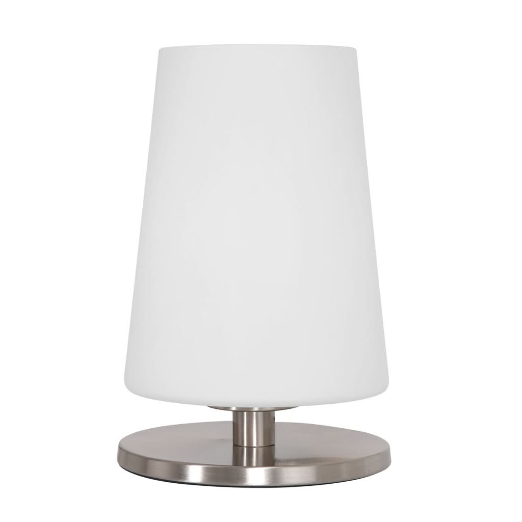 Vue de face du luminaire avec abat-jour gris clair et socle métallique circulaire.