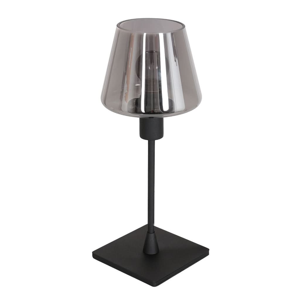 Lampe de table noire éteinte, vue de face, abat-jour en verre fumé transparent.