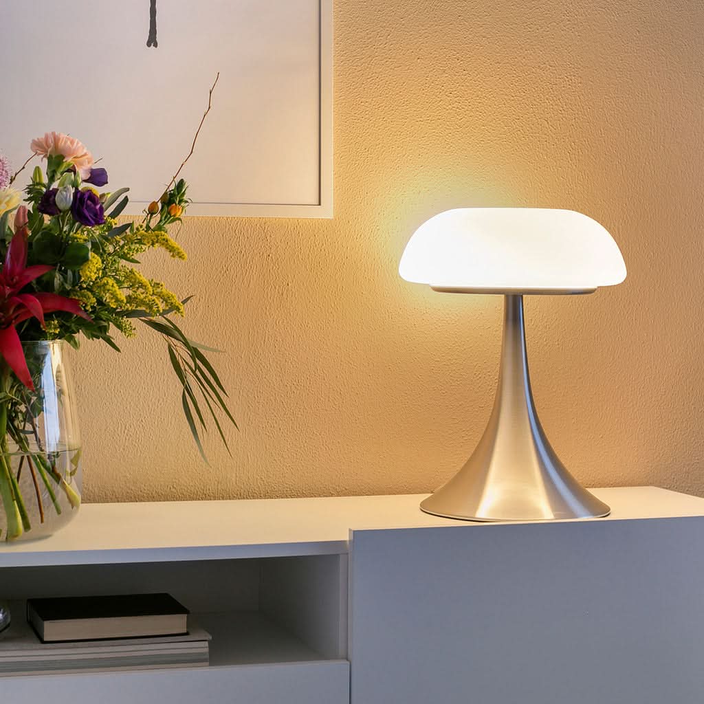 Mise en ambiance chaleureuse: lampe allumée sur une étagère blanche, fleurs et cadre
