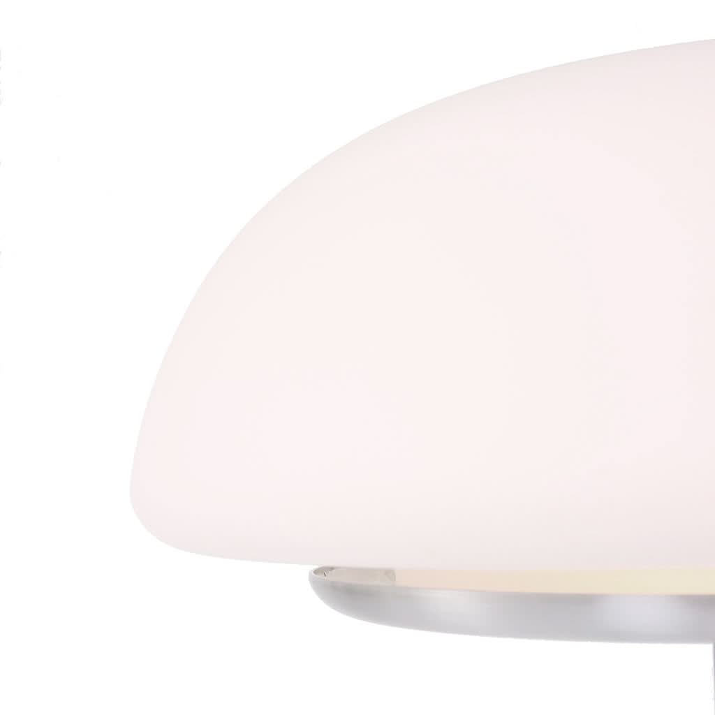 Détail de l'abat-jour blanc vu de dessous, bord et cerclage métallique visibles