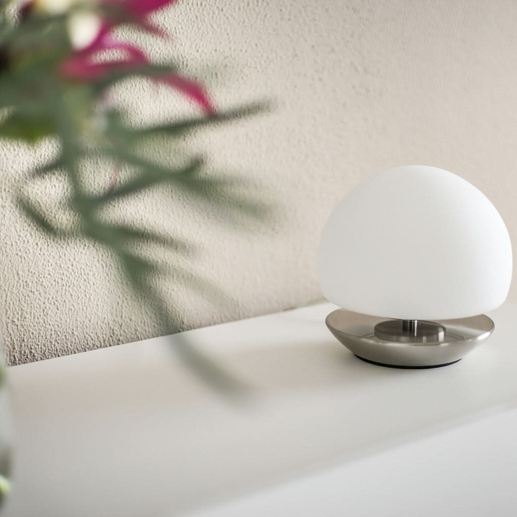 Lampe posée sur une surface blanche devant un mur texturé, plante floue au premier plan.