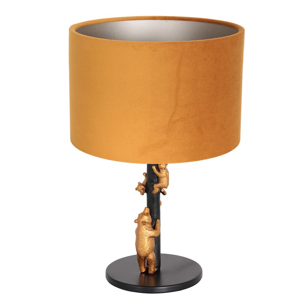 Vue de face du luminaire de table avec abat-jour velours orangé