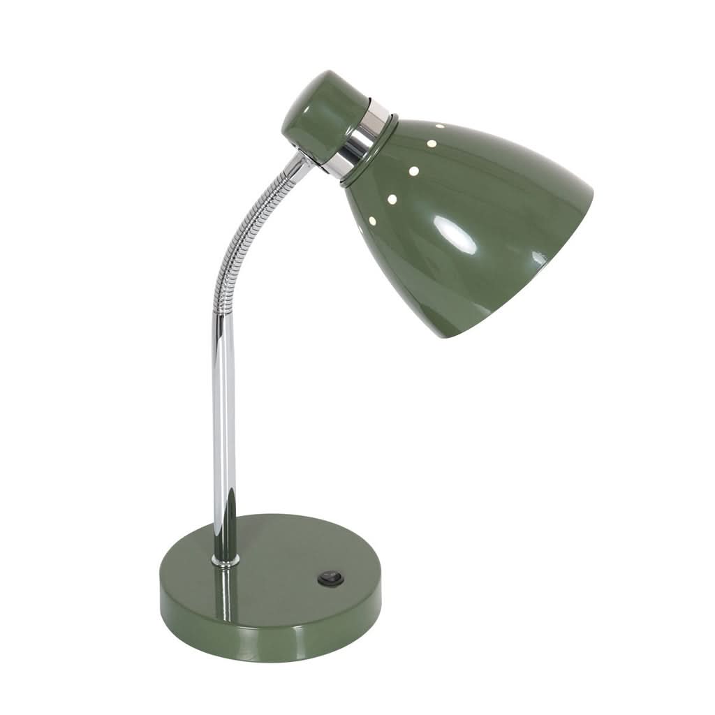 Vue légèrement décalée du même luminaire posé, bras flexible et socle rond vert