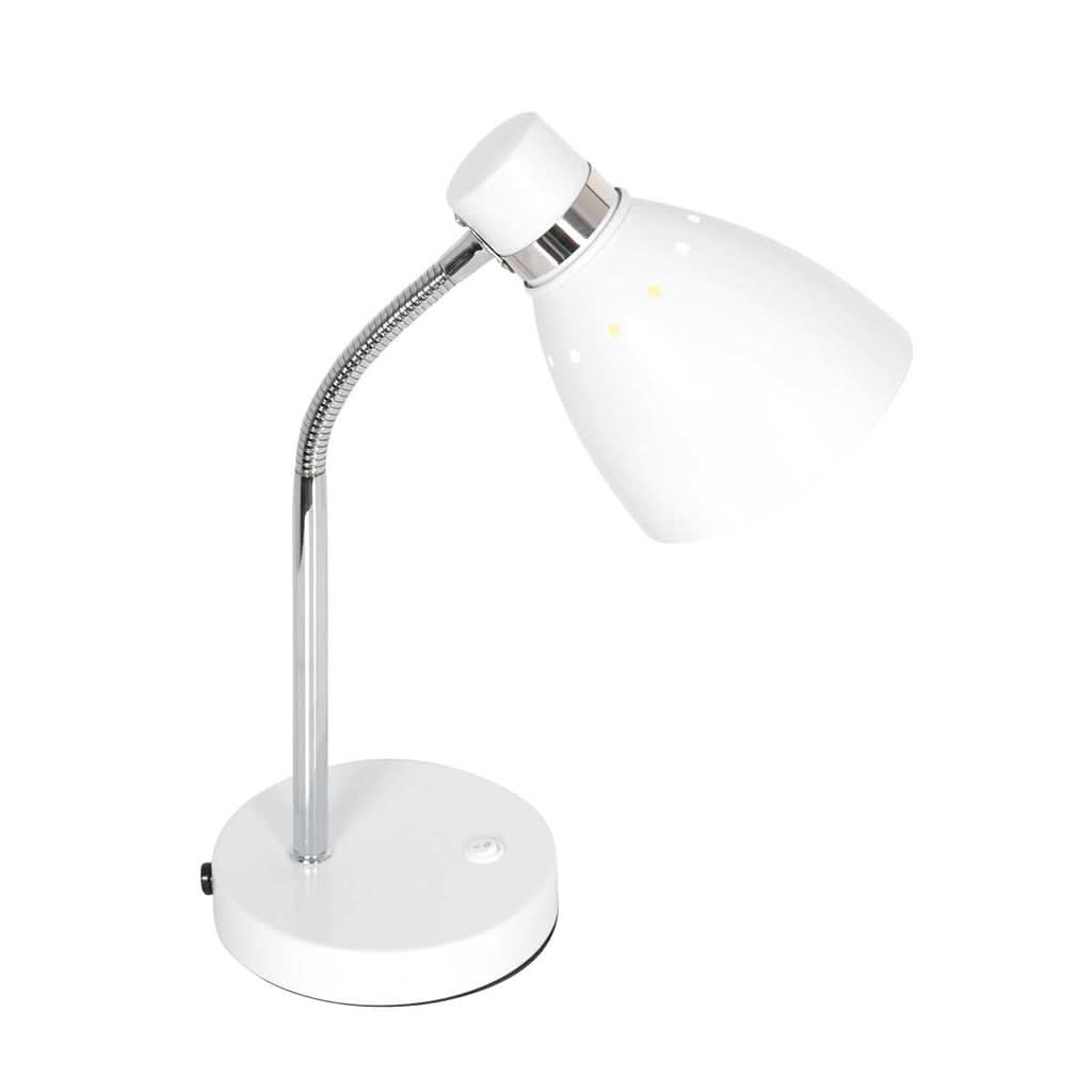 Vue de trois quarts de la lampe allumée, abat-jour blanc incliné vers le bas.
