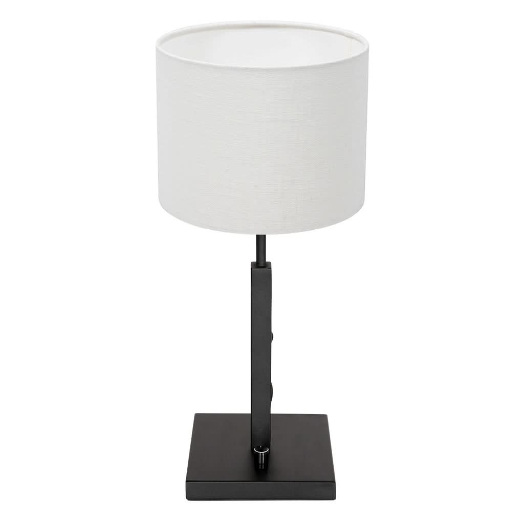 Vue de face d'une lampe à poser, abat-jour blanc et support métallique noir carré.