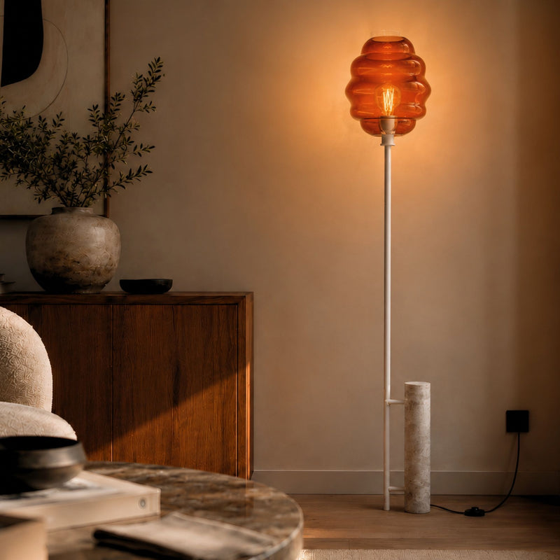 Lampadaire Echos, pied en travertin, monture blanche