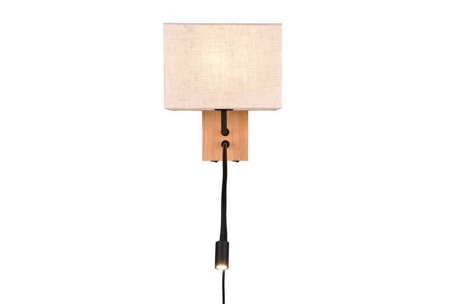 Vue de face de l'applique murale, abat-jour en tissu beige et support en bois clair.