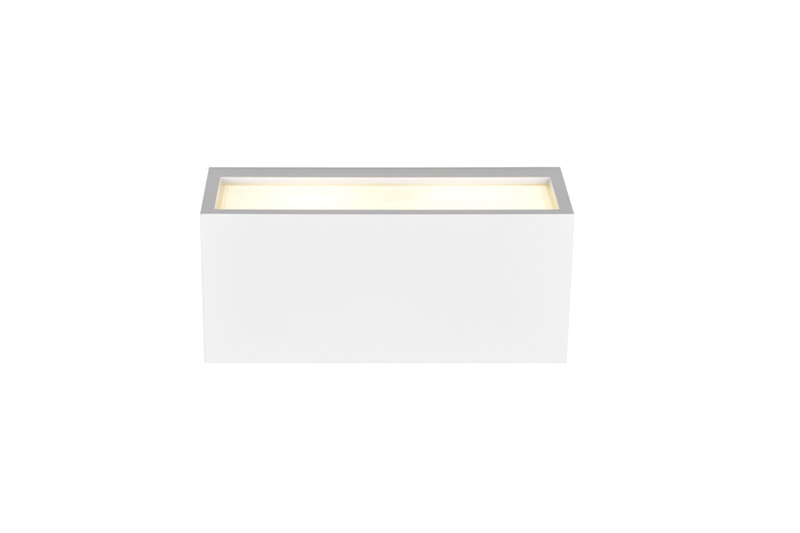 Vue de face du luminaire, boîtier blanc et diffuseur lumineux sur la partie supérieure.