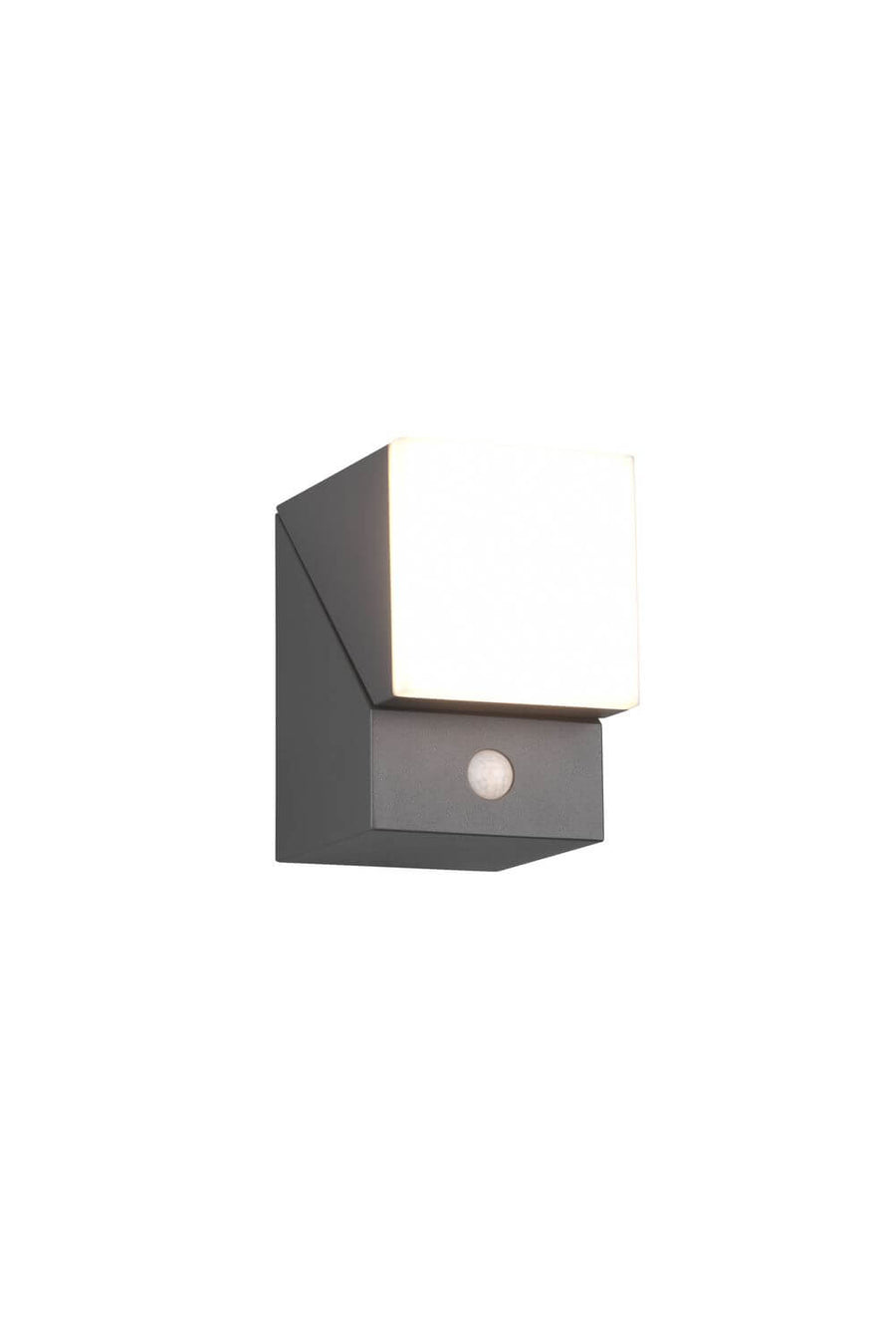 Luminaire mural anthracite avec diffuseur blanc allumé et détecteur de mouvement.