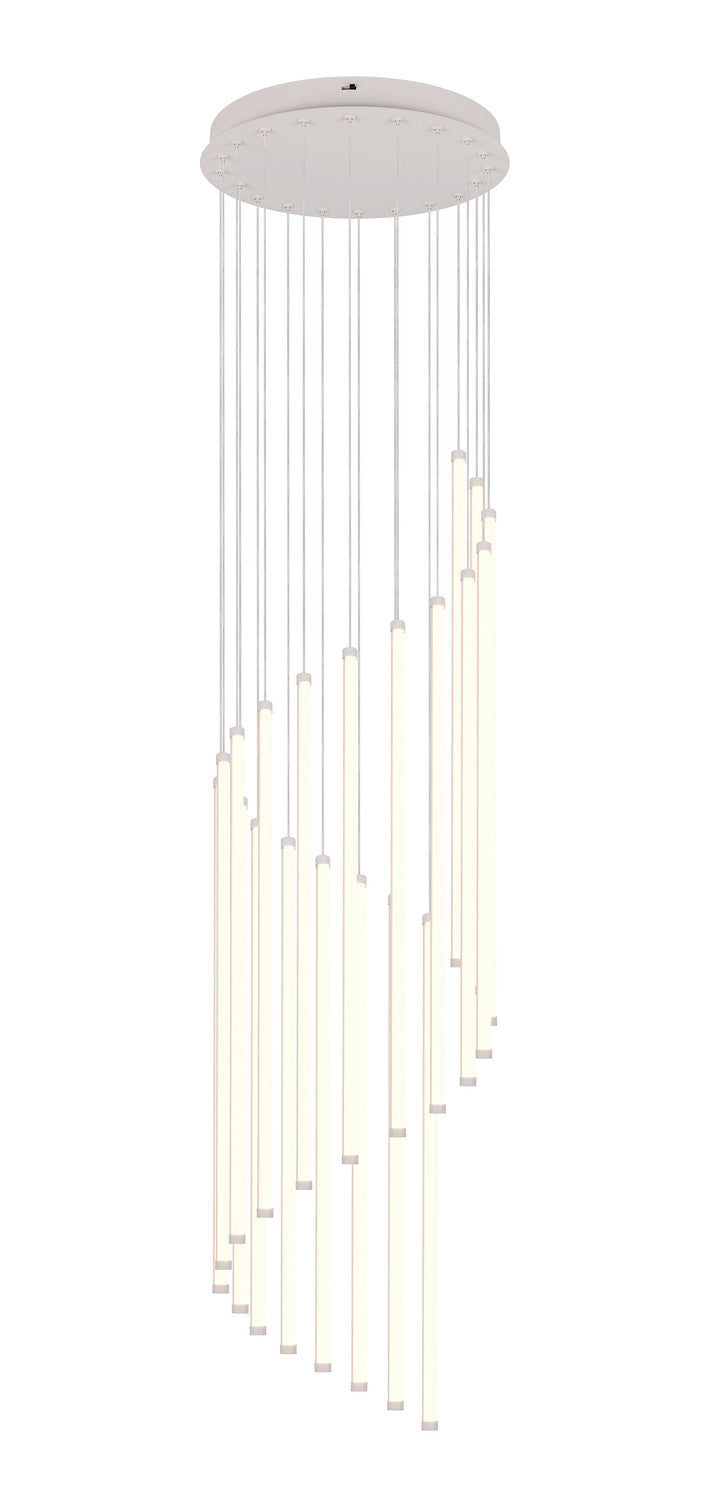 Vue de face du luminaire à cascade de tubes lumineux blancs de longueurs inégales.