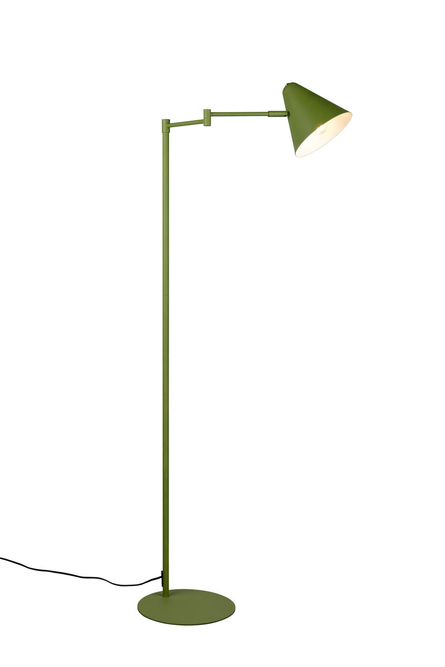Vue latérale du lampadaire vert, abat-jour conique orientable, tige fine et câble visible.