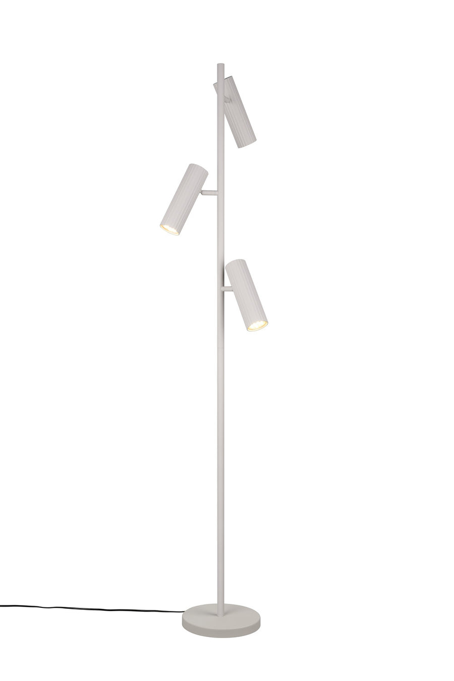 Lampadaire blanc de face avec trois projecteurs cylindriques réglables et câble d'alimentation.