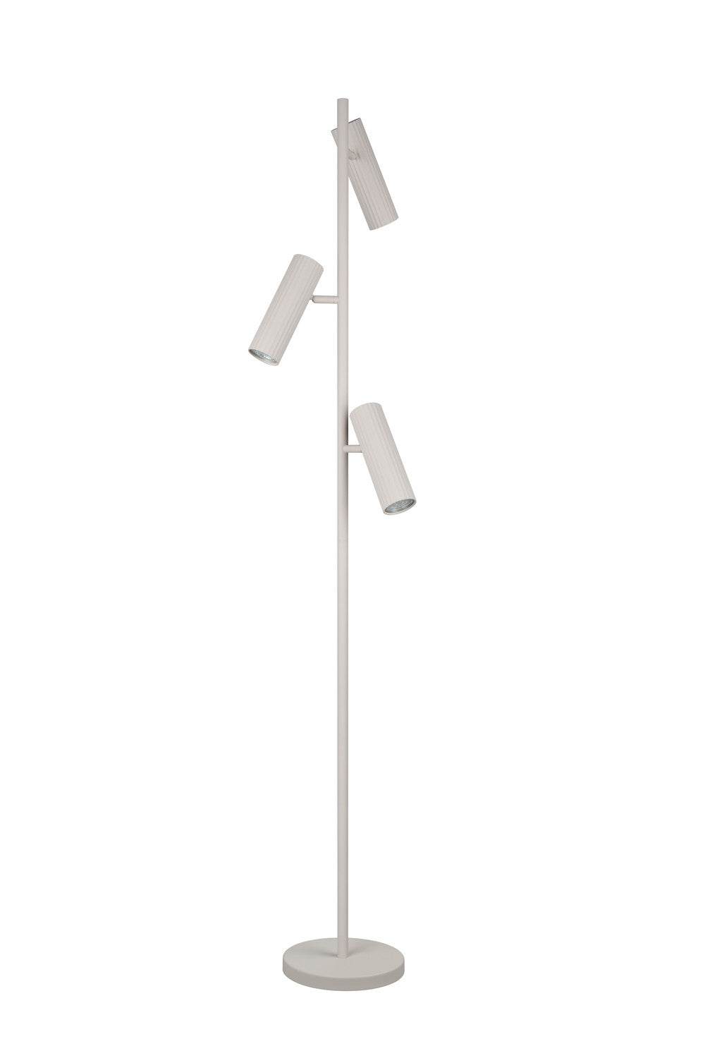 Vue de profil du lampadaire blanc, trois projecteurs cylindriques inclinés vers le bas.