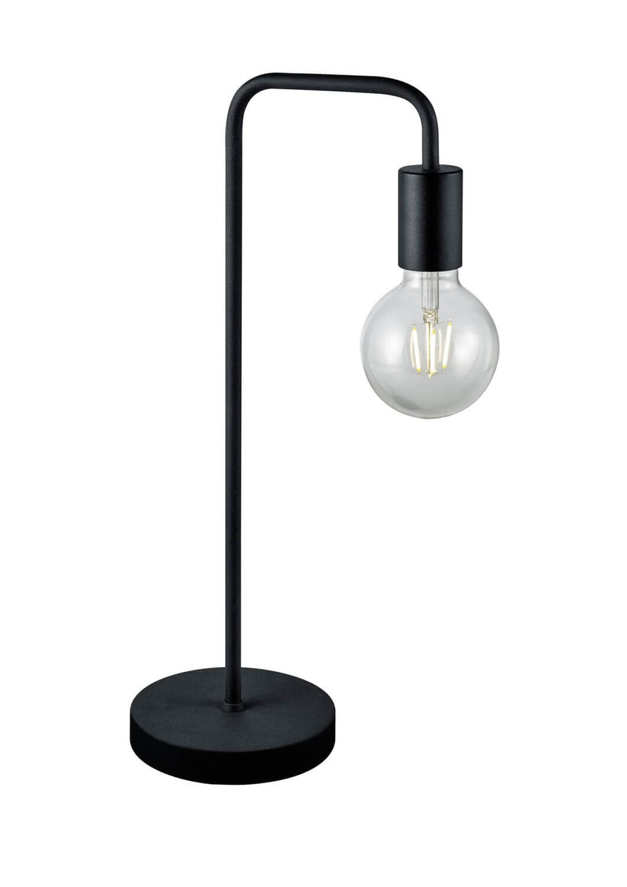 Vue légèrement inclinée du luminaire, tige fine et douille cylindrique noire