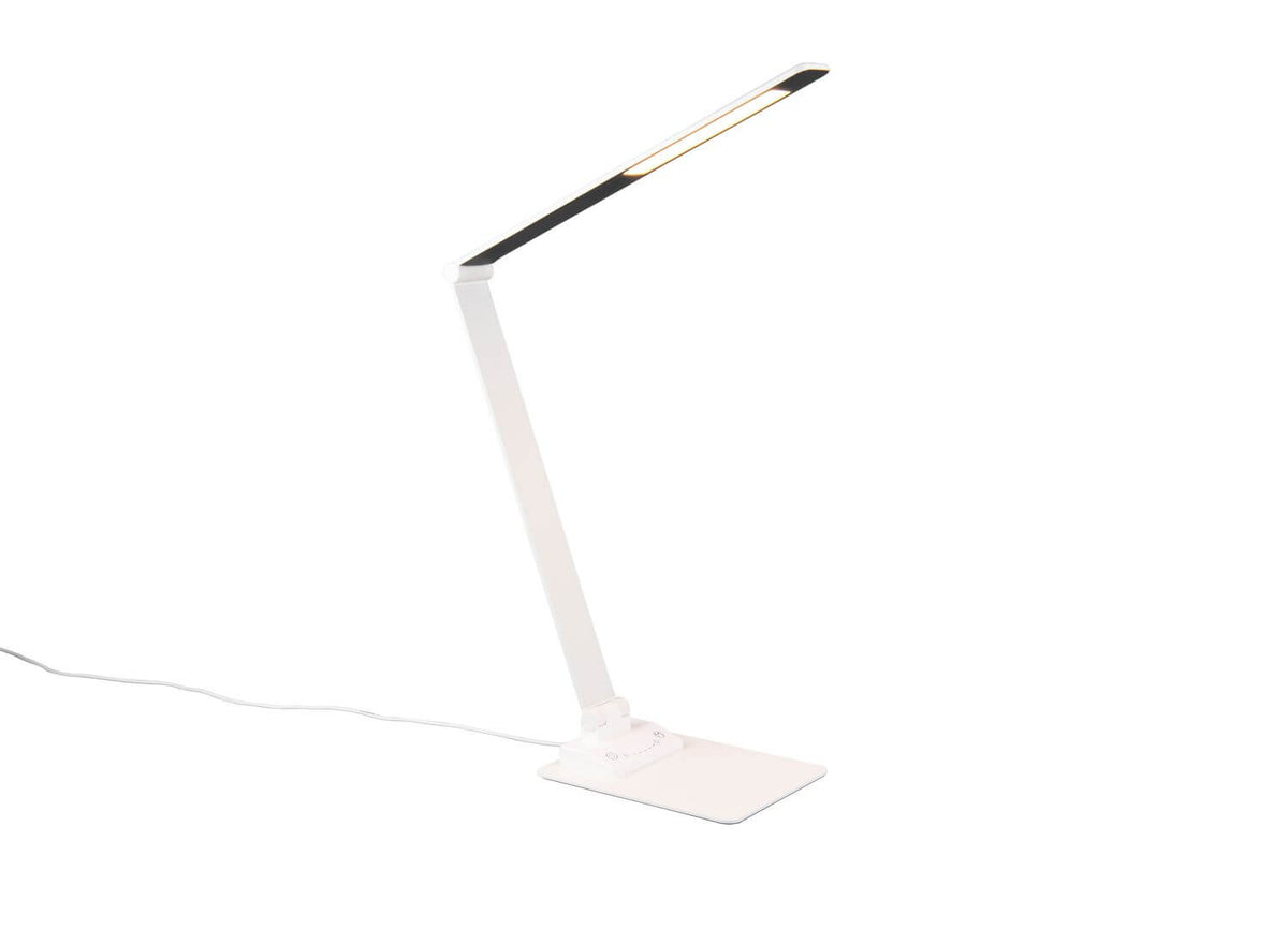 Lampe blanche mat de profil sur fond blanc, câble d'alimentation visible à gauche.