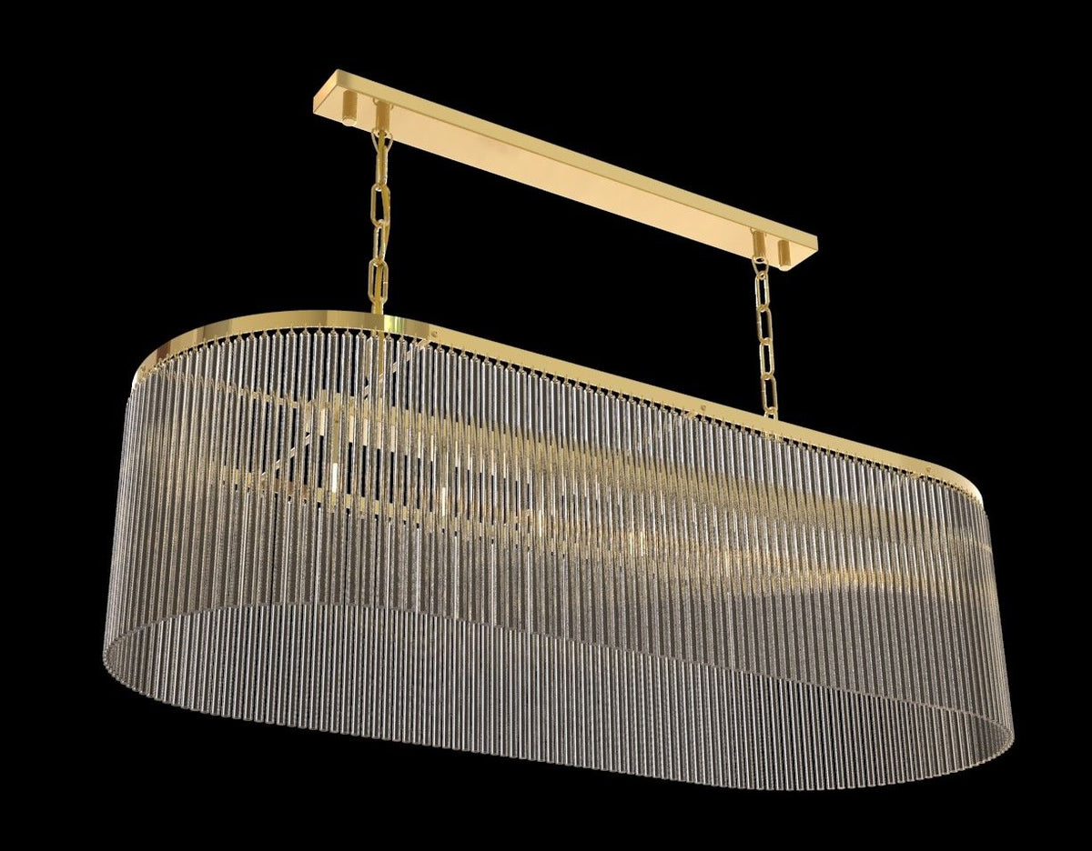 Grande suspension dorée inclinée, ampoules visibles derrière le rideau de verre