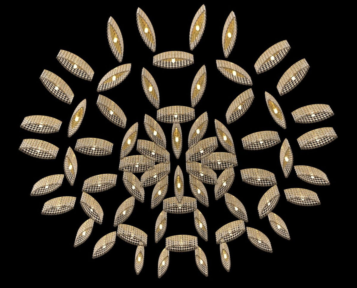 Vue en plongée du luminaire montrant la disposition circulaire des éléments cristallins.