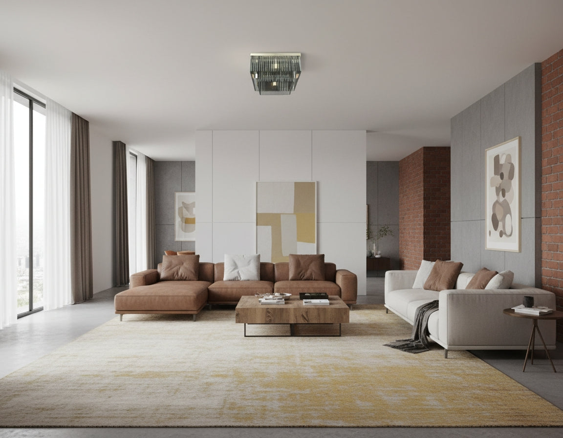 Intérieur séjour moderne, plafonnier doré éclairant la pièce de vie