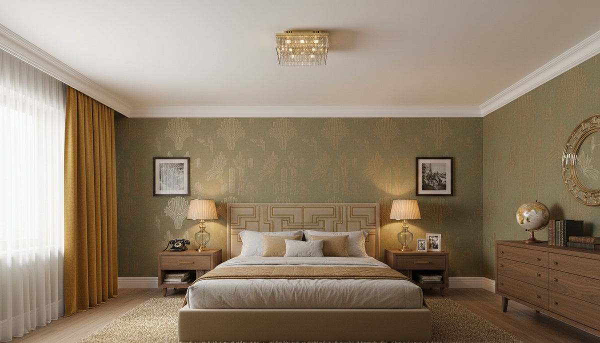 Plafonnier allumé au plafond d'une chambre verte à papier peint floral