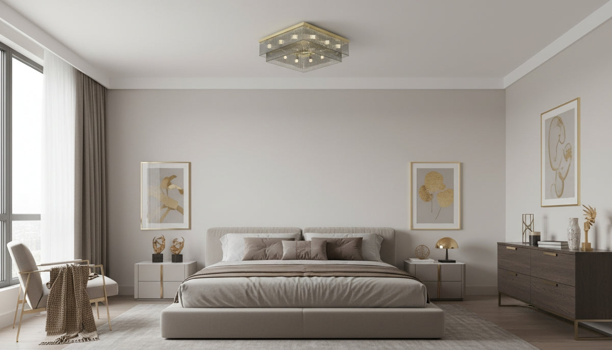 Chambre beige minimaliste éclairée par le plafonnier carré à pampilles dorées