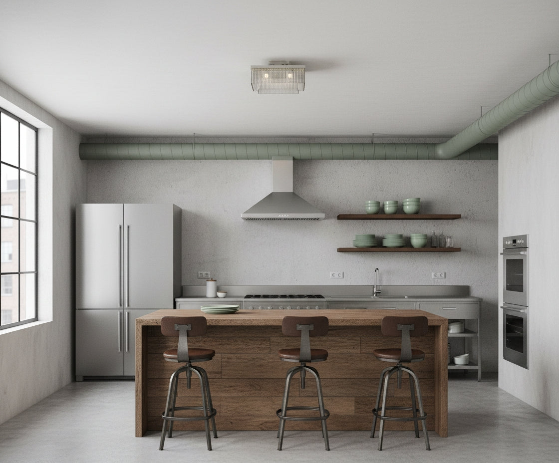 Cuisine contemporaine avec îlot, luminaire carré plat fixé au plafond