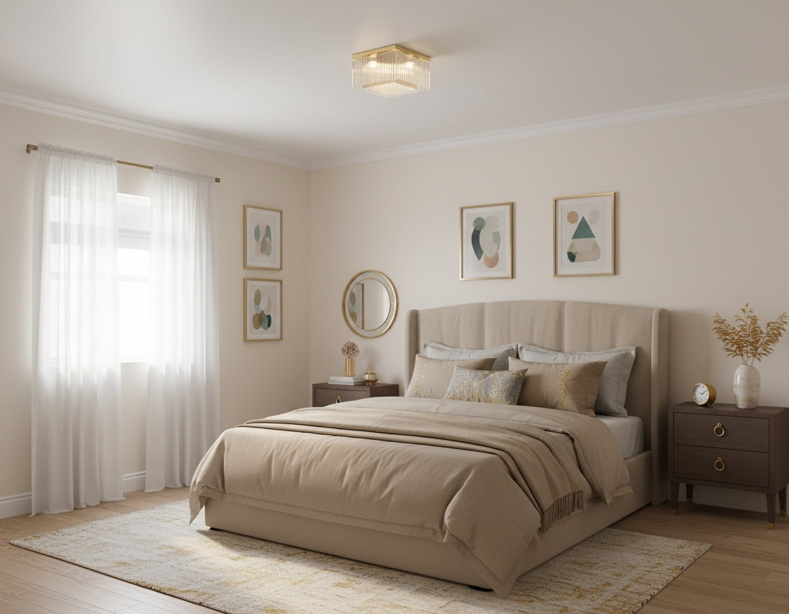Ambiance chambre claire, plafonnier carré doré éclairant une pièce beige et bois.