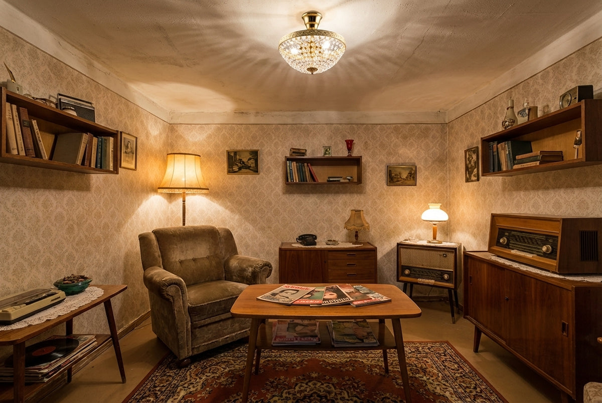 Intérieur rétro aux papiers peints fleuris, plafonnier doré diffusant une lumière chaude.