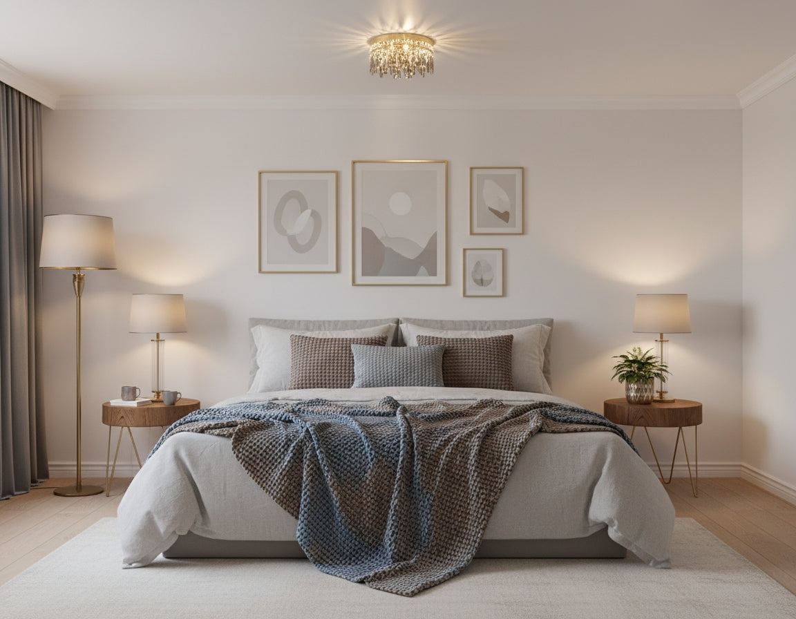 Mise en ambiance d'une chambre claire avec le plafonnier doré allumé au-dessus du lit.