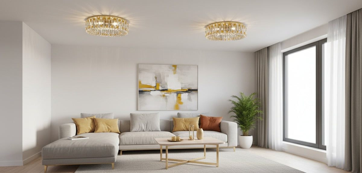 Deux luminaires ronds fixés au plafond d'un séjour au canapé gris