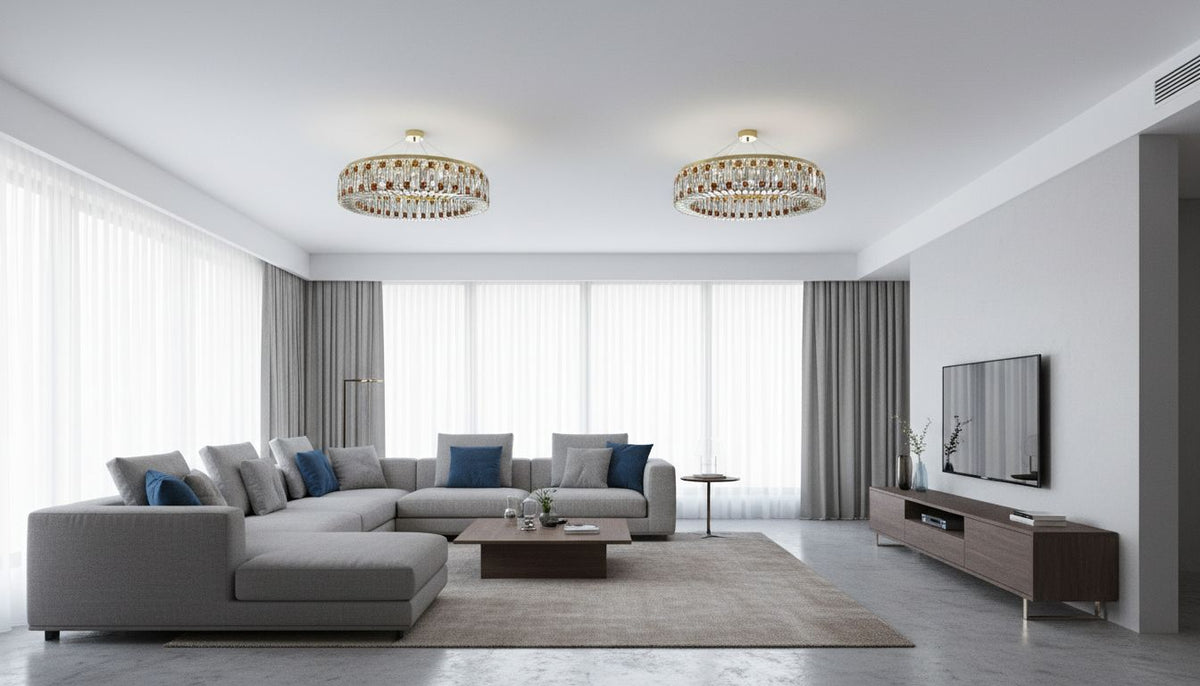 Mise en ambiance : deux luminaires ronds au plafond d'un salon gris moderne