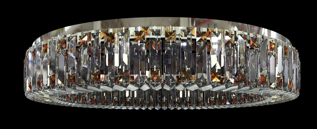 Vue de face du plafonnier avec prismes ambrés et finition chromée brillante
