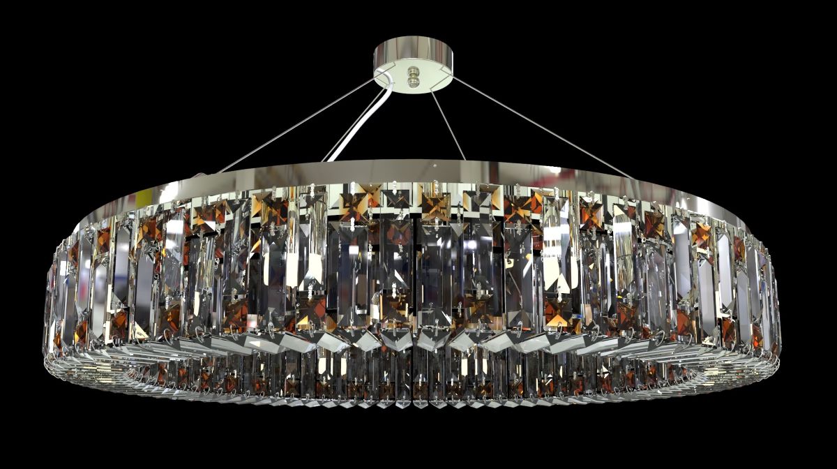Détail rapproché des cristaux taillés, prismes et fixations métalliques du luminaire