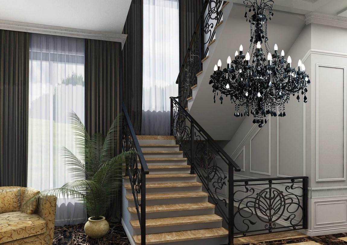 Lustre suspendu dans un hall avec escalier, mise en ambiance intérieure