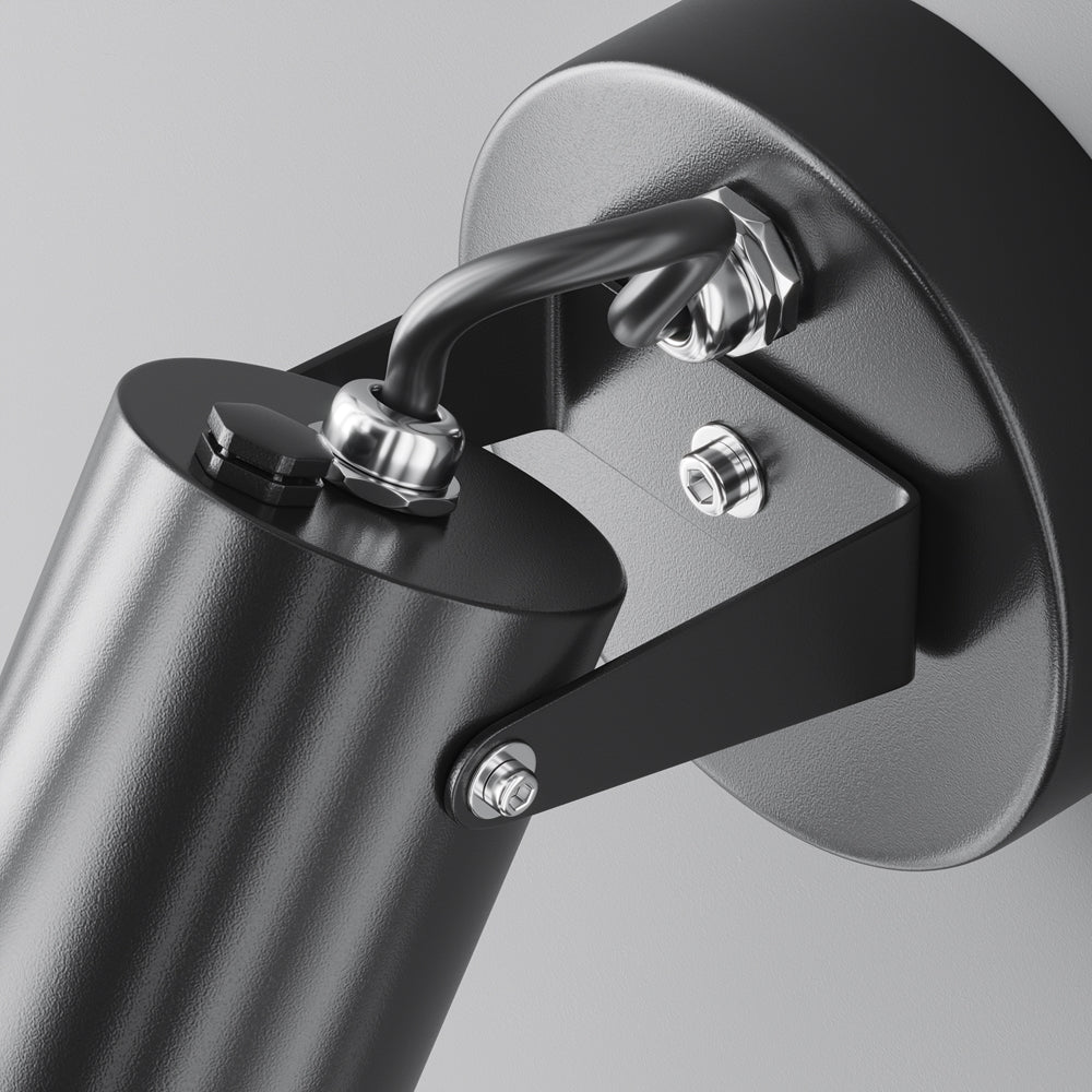 Détail de l'articulation, des vis chromées et du support reliant le projecteur à la platine