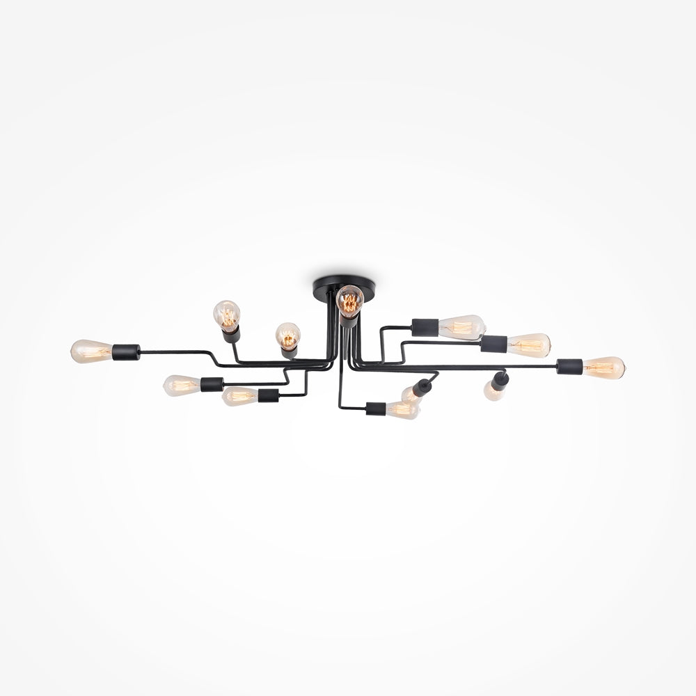 Luminaire plafond multi-bras noir avec huit ampoules vintage allumées