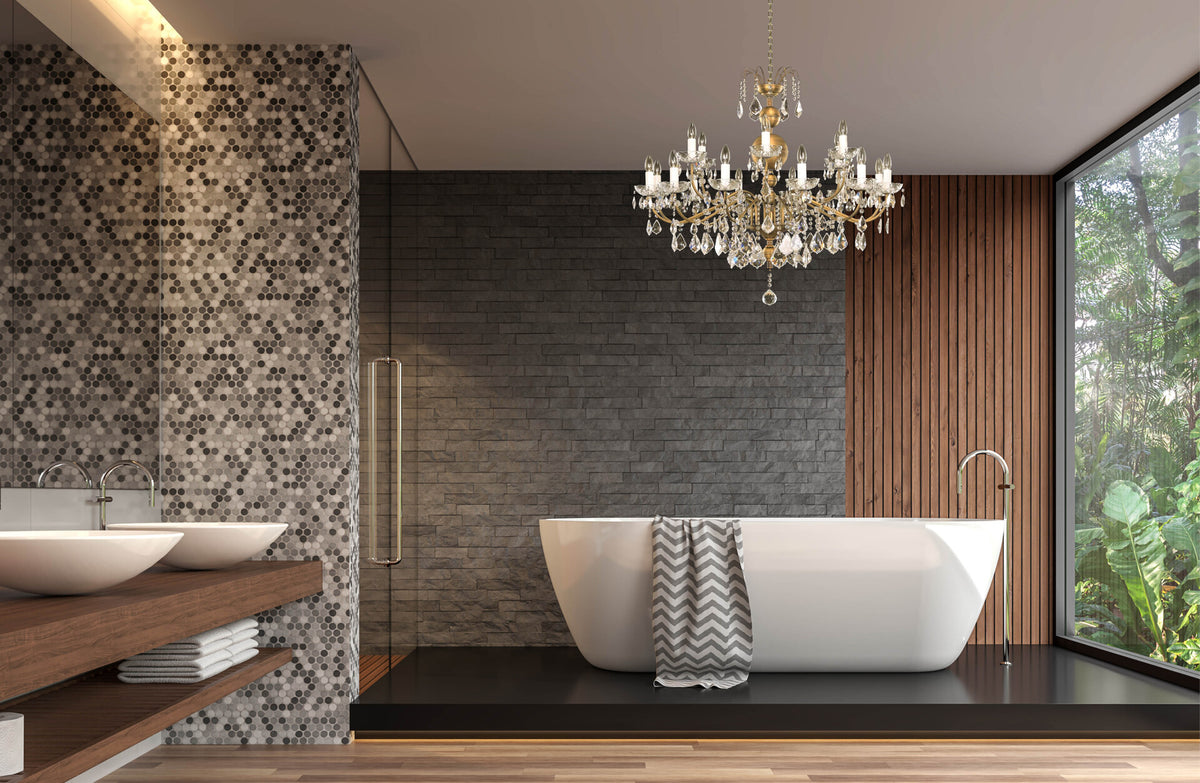Mise en ambiance du lustre suspendu dans une salle de bain moderne