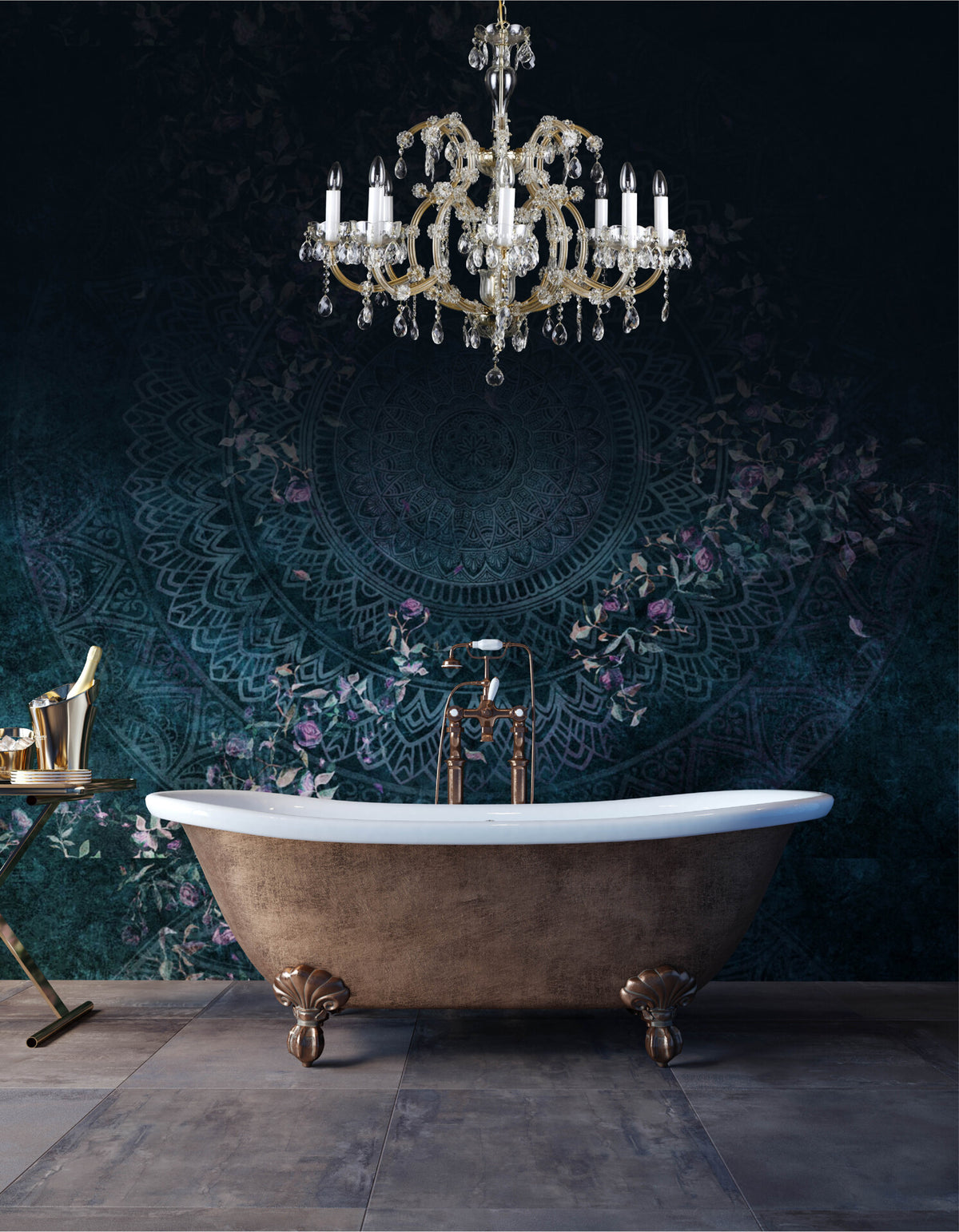Mise en ambiance du lustre suspendu dans une salle de bain avec baignoire