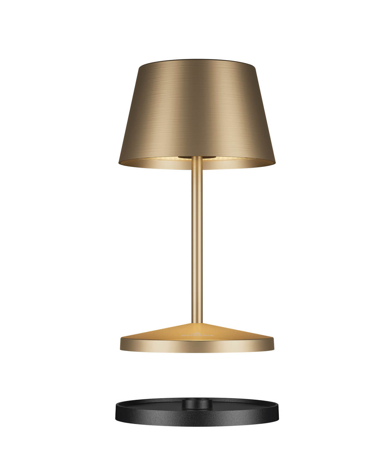 Vue produit de la lampe dorée, socle de recharge noir détaché sous la base