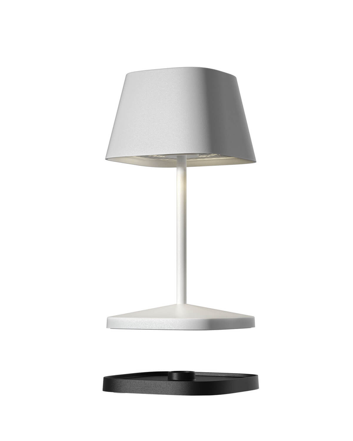 Vue éclatée du luminaire montrant l'abat-jour, le pied, le socle blanc et l'embase noire