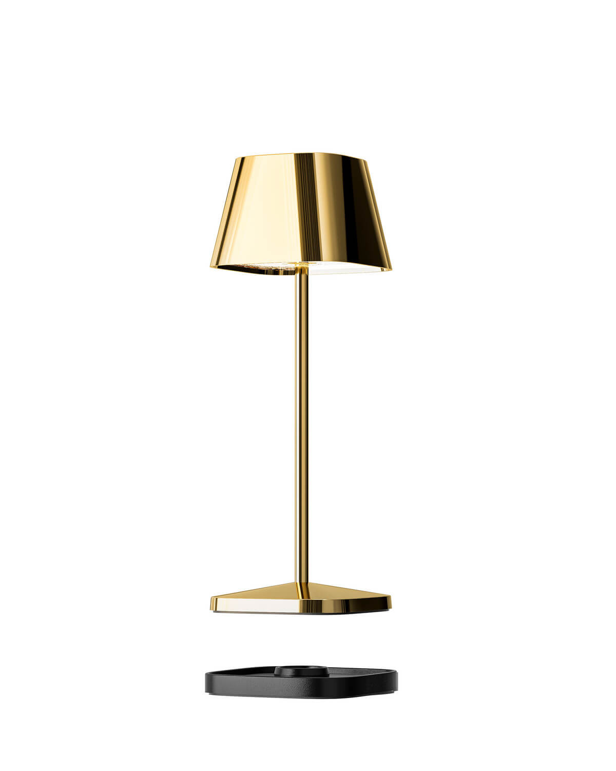 Vue éclatée de la lampe dorée et de son socle de recharge noir
