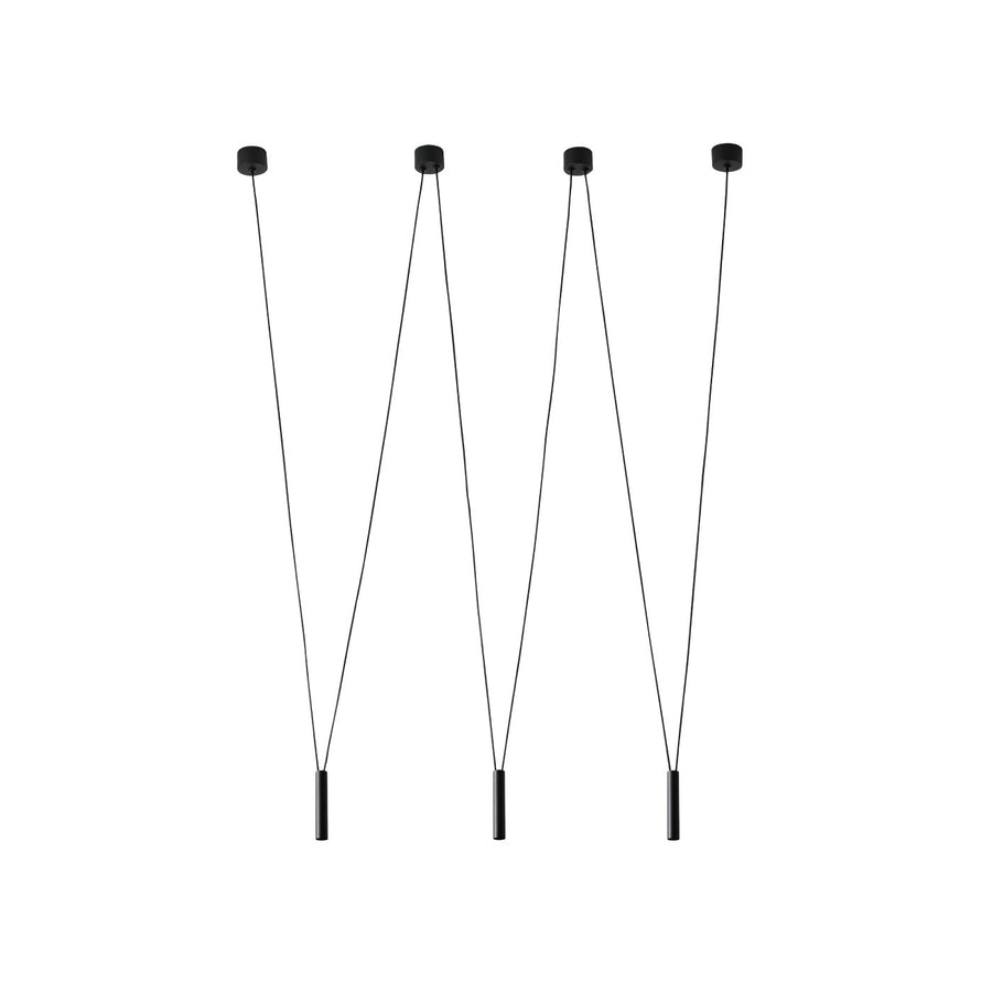 Version noire du luminaire suspendu avec ses quatre points de fixation au plafond