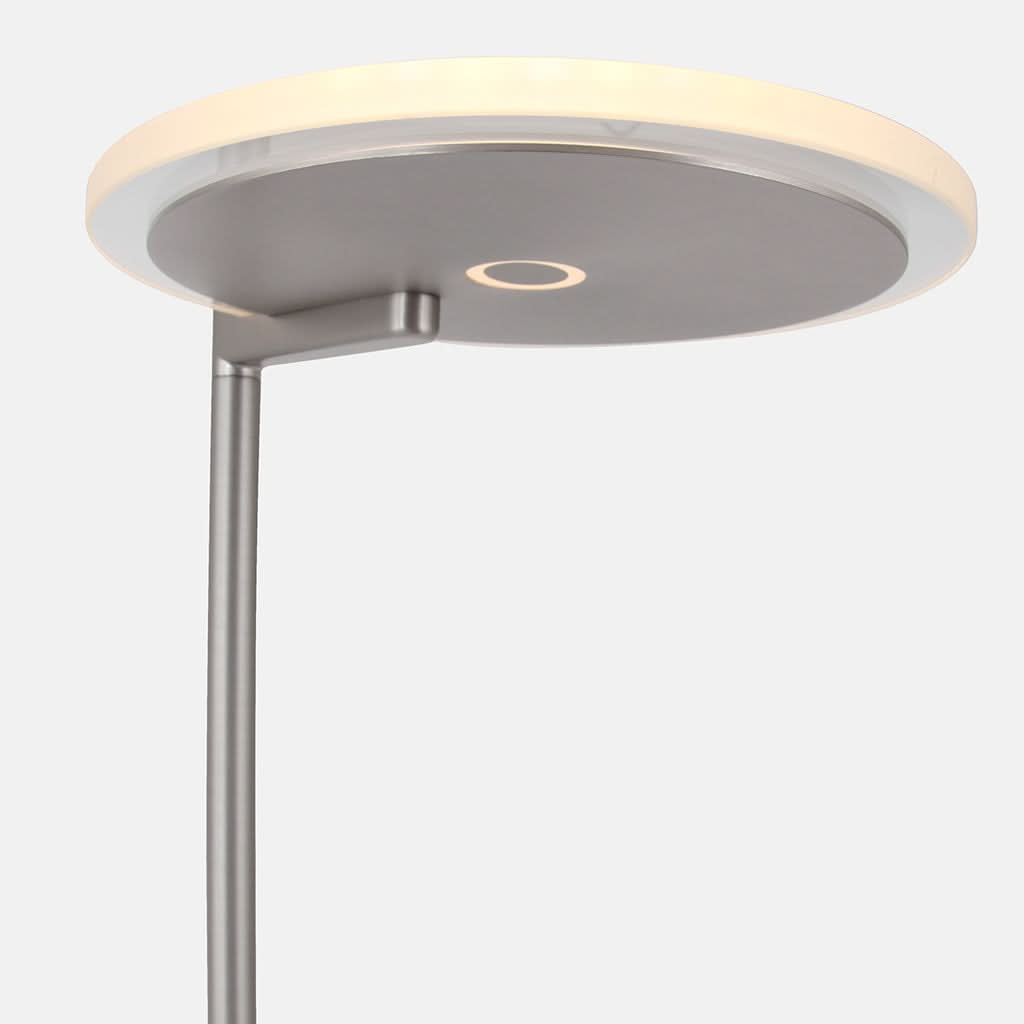 Détail du diffuseur circulaire supérieur allumé, anneau lumineux et finition métal brossé.
