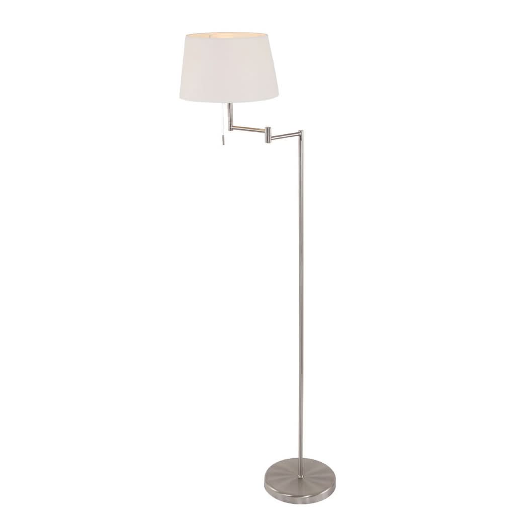 Vue de trois quarts du lampadaire avec bras métallique et abat-jour blanc.