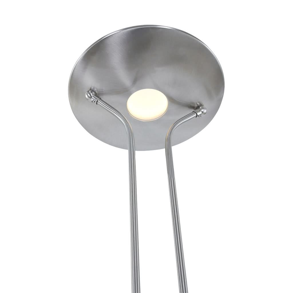 Détail du diffuseur supérieur en acier brossé avec cercle lumineux allumé et fixations.