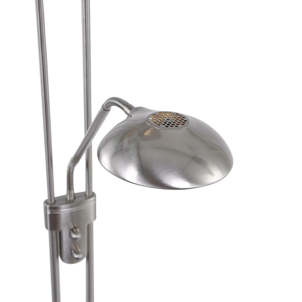 Détail de la tête de lecture orientable en acier avec grille perforée et bras articulé.
